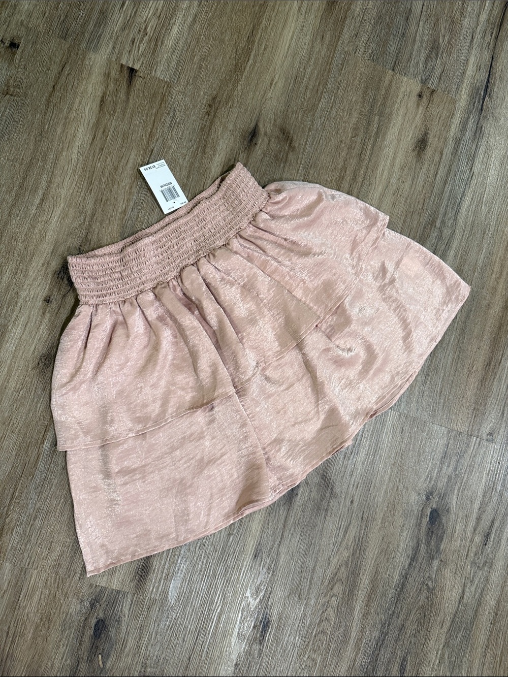 NWT Shimmery Blush Smocked Waist Teared Ruffle  Mini Skirt
